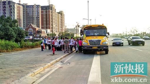 學校旁的鳳凰大道上,家長臨時請來的正規(guī)校車正在接送學生。